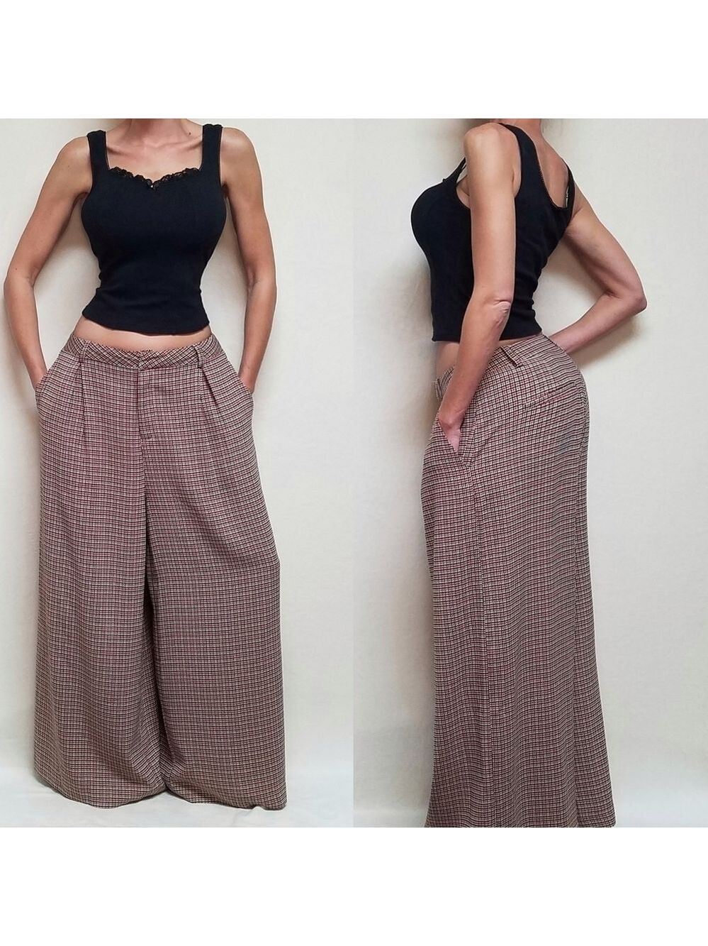 𝅺VINTAGE 80s Cross Country Woman Houndstooth Plaid Knit Wide Leg Palazzo Pants